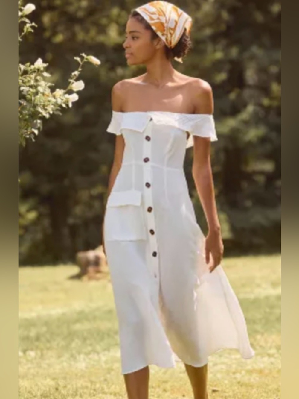 Anthropologie White Linen Blend Button-Front Midi Dress
